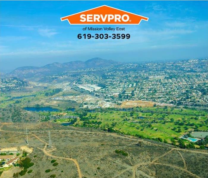 An aerial view of the Mission Valley area of San Diego is shown.